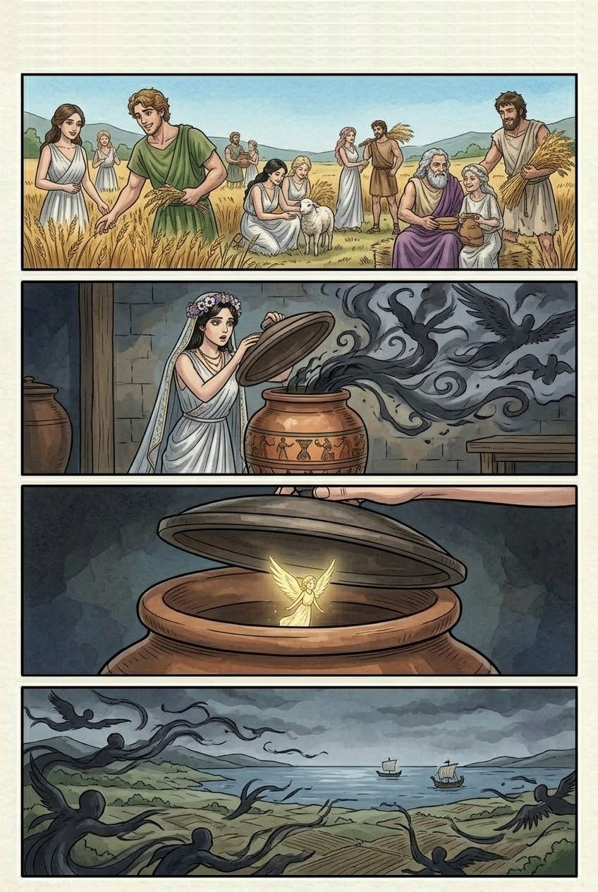 Works and Days, Part 2, manga page 5 of 6: Prometheus steals fire; Zeus has the first woman, Pandora, made; she opens the jar and only Hope stays inside.