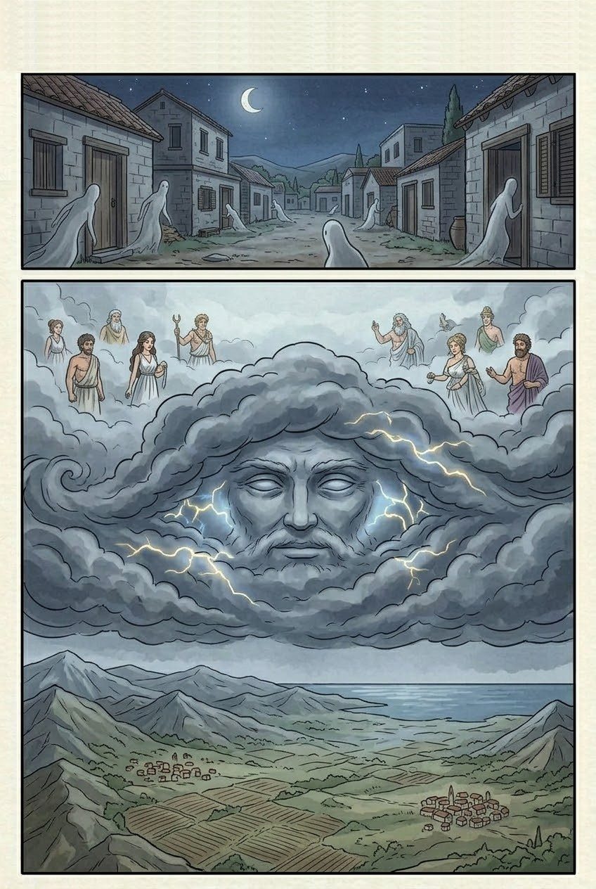 Works and Days, Part 2, manga page 6 of 6: Prometheus steals fire; Zeus has the first woman, Pandora, made; she opens the jar and only Hope stays inside.