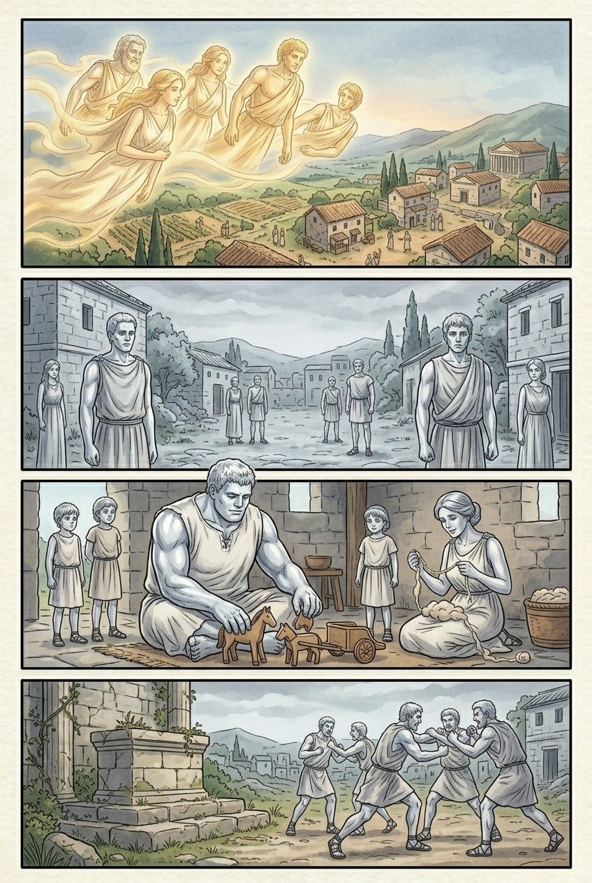 Works and Days, Part 3, manga page 2 of 6: The five races of men: gold, silver, bronze, the heroes of Thebes and Troy, and our own iron age.