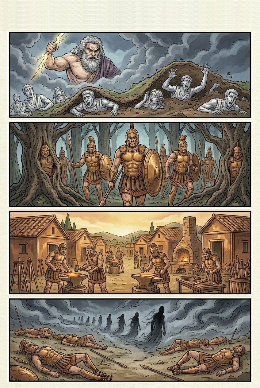 Works and Days, Part 3, manga page 3 of 6: The five races of men: gold, silver, bronze, the heroes of Thebes and Troy, and our own iron age.