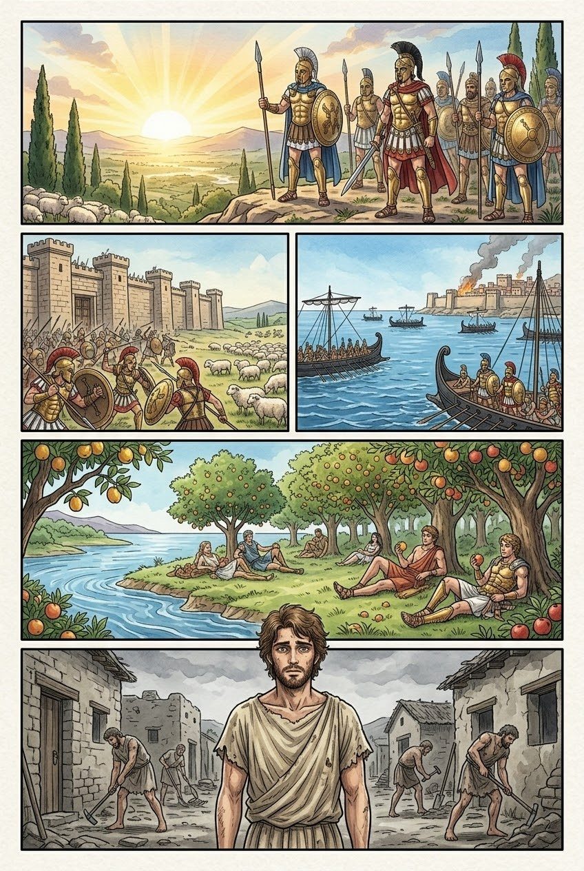 Works and Days, Part 3, manga page 4 of 6: The five races of men: gold, silver, bronze, the heroes of Thebes and Troy, and our own iron age.