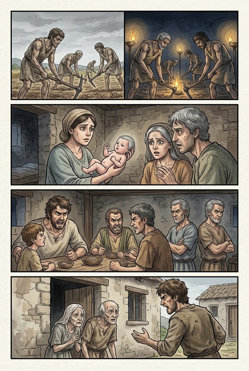 Works and Days, Part 3, manga page 5 of 6: The five races of men: gold, silver, bronze, the heroes of Thebes and Troy, and our own iron age.