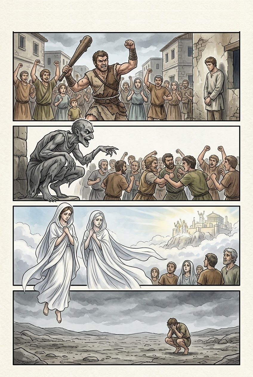 Works and Days, Part 3, manga page 6 of 6: The five races of men: gold, silver, bronze, the heroes of Thebes and Troy, and our own iron age.