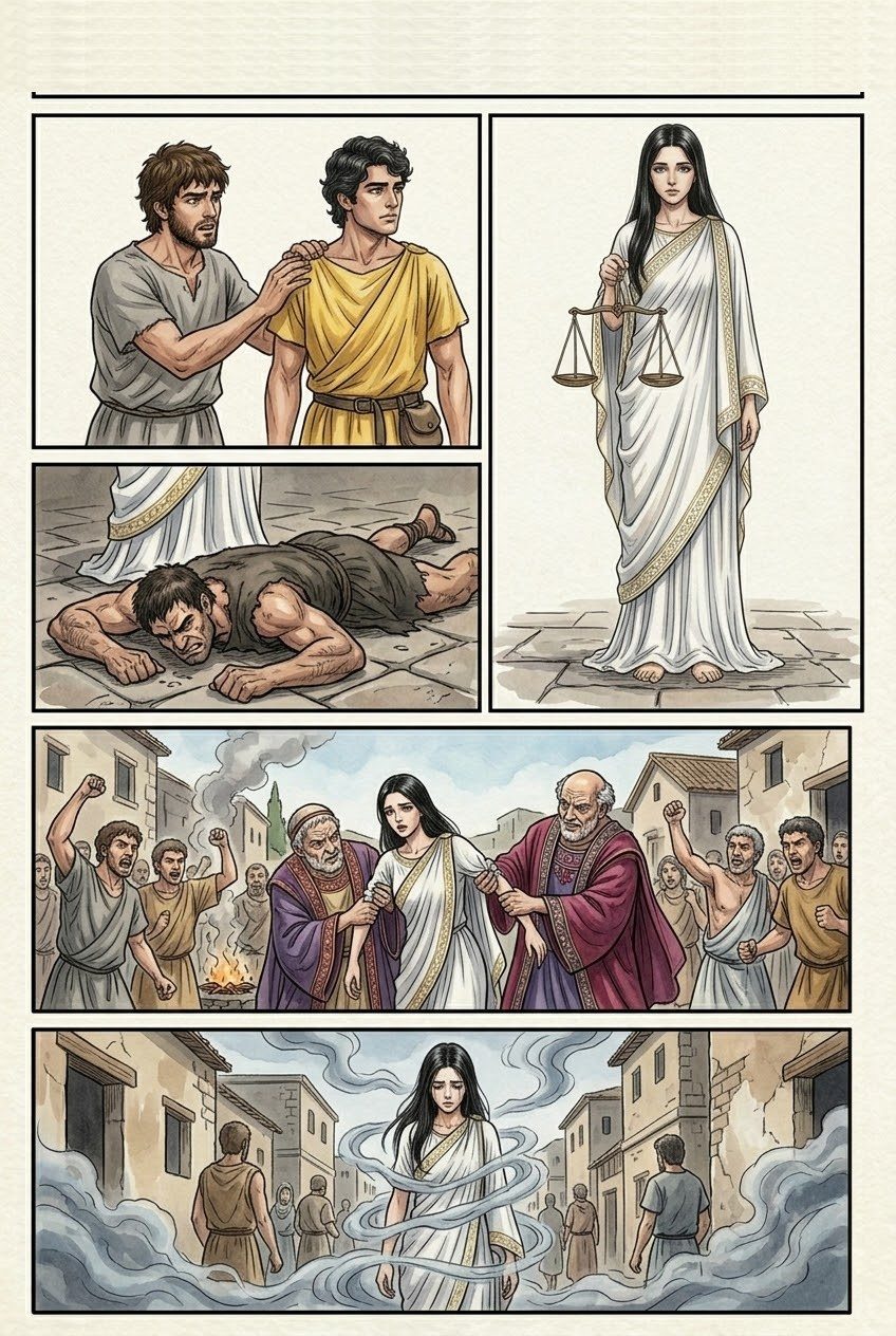 Works and Days, Part 4, manga page 2 of 6: The hawk and the nightingale, Justice dragged off by bribe-eaters, the steep road to excellence, and good neighbors.