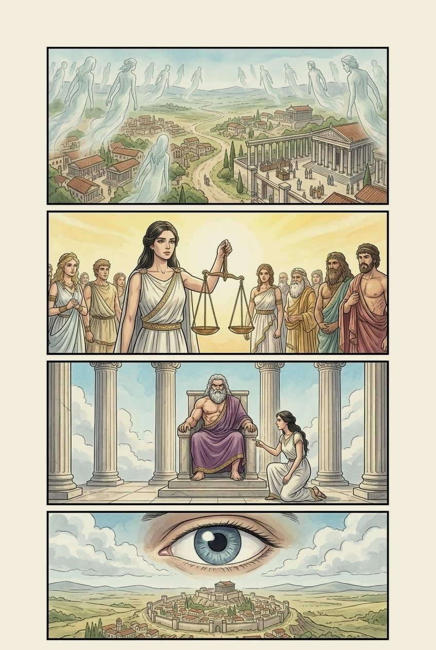 Works and Days, Part 4, manga page 4 of 6: The hawk and the nightingale, Justice dragged off by bribe-eaters, the steep road to excellence, and good neighbors.