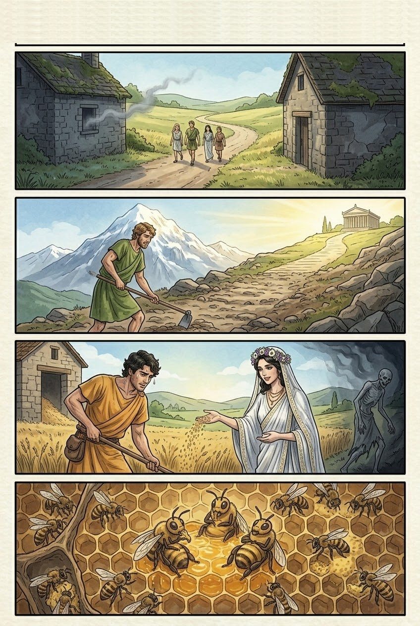 Works and Days, Part 4, manga page 5 of 6: The hawk and the nightingale, Justice dragged off by bribe-eaters, the steep road to excellence, and good neighbors.