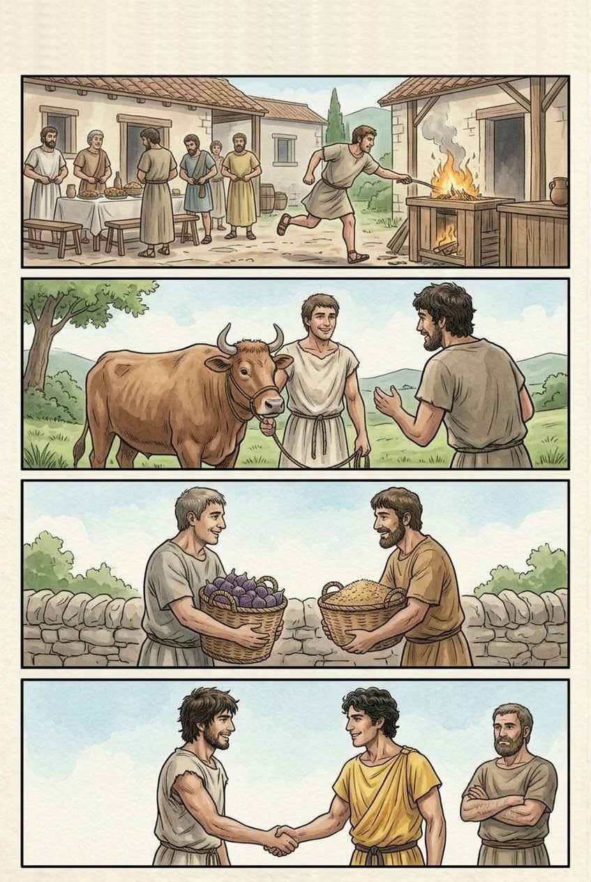 Works and Days, Part 4, manga page 6 of 6: The hawk and the nightingale, Justice dragged off by bribe-eaters, the steep road to excellence, and good neighbors.