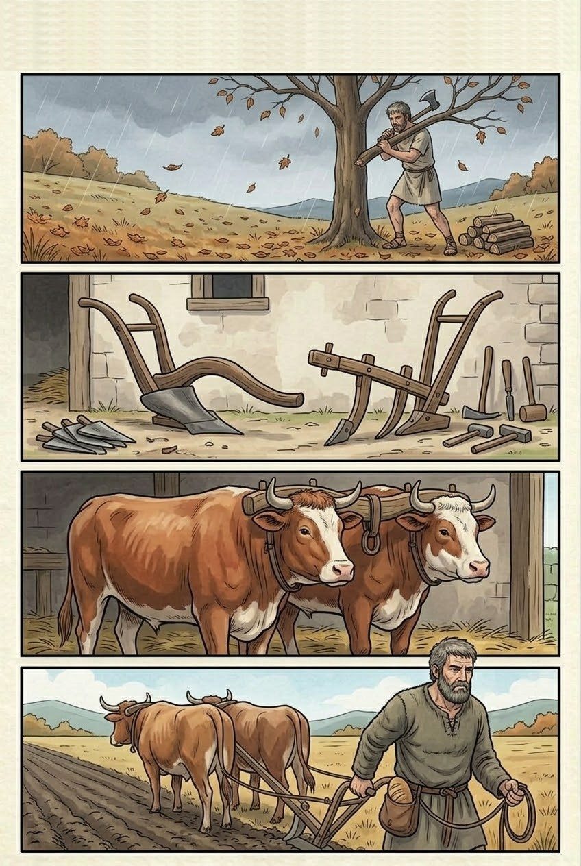 Works and Days, Part 5, manga page 2 of 7: The farmer's year: the Pleiades, plows and oxen, the cranes, the north wind, the cicada's summer and the grape harvest.