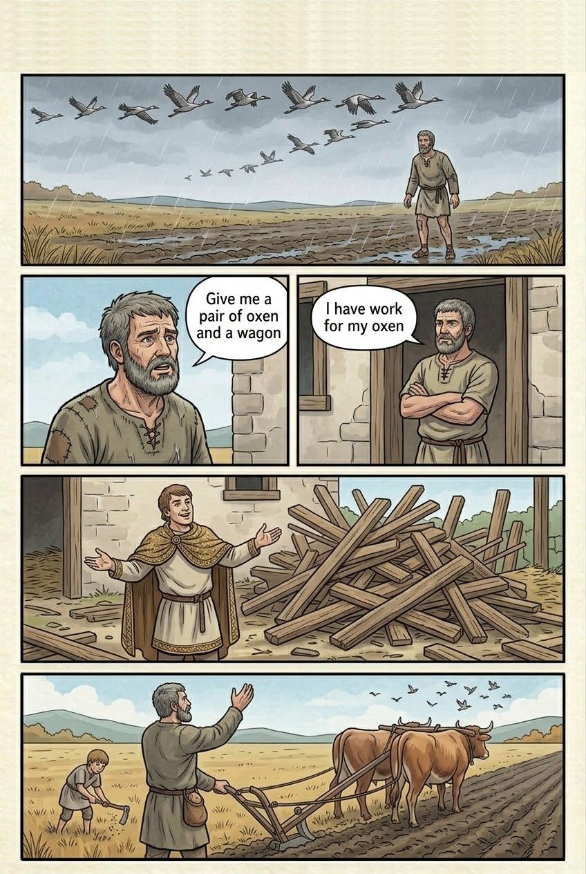 Works and Days, Part 5, manga page 3 of 7: The farmer's year: the Pleiades, plows and oxen, the cranes, the north wind, the cicada's summer and the grape harvest.