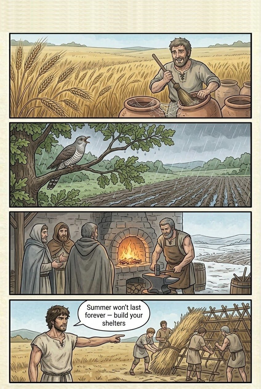 Works and Days, Part 5, manga page 4 of 7: The farmer's year: the Pleiades, plows and oxen, the cranes, the north wind, the cicada's summer and the grape harvest.