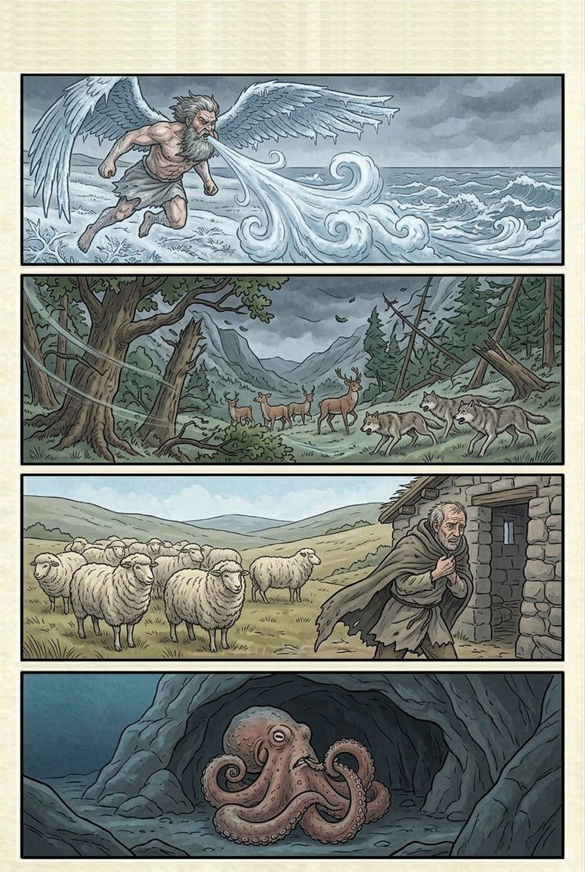 Works and Days, Part 5, manga page 5 of 7: The farmer's year: the Pleiades, plows and oxen, the cranes, the north wind, the cicada's summer and the grape harvest.
