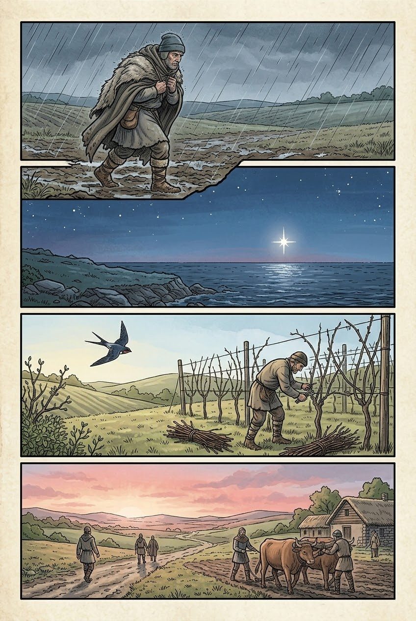 Works and Days, Part 5, manga page 6 of 7: The farmer's year: the Pleiades, plows and oxen, the cranes, the north wind, the cicada's summer and the grape harvest.