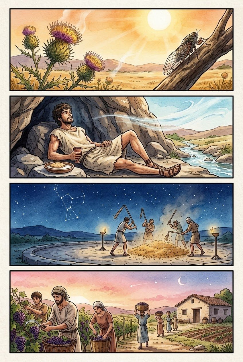 Works and Days, Part 5, manga page 7 of 7: The farmer's year: the Pleiades, plows and oxen, the cranes, the north wind, the cicada's summer and the grape harvest.