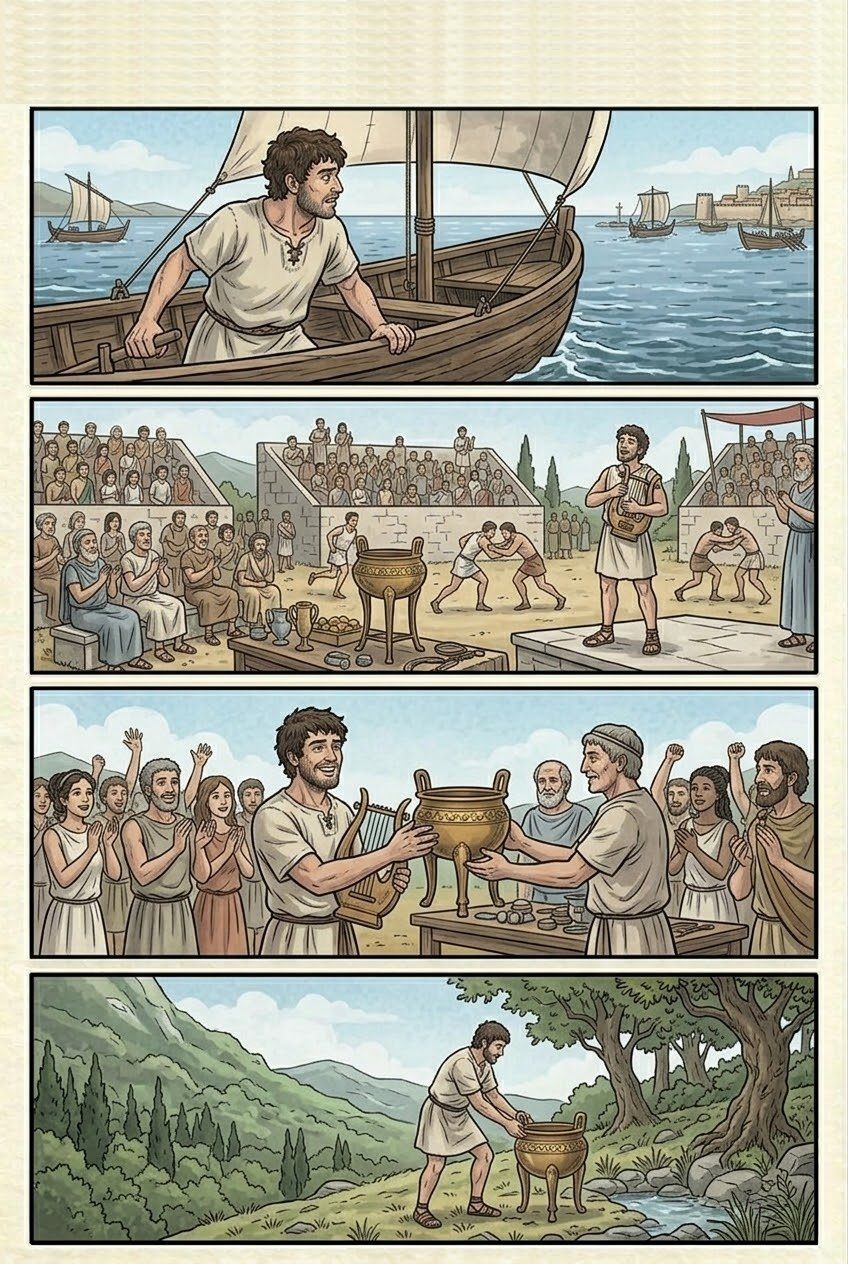 Works and Days, Part 6, manga page 2 of 6: The sea, the sayings and the days: when to sail, Hesiod's prize tripod, marriage, rumor, and the lucky and unlucky days.