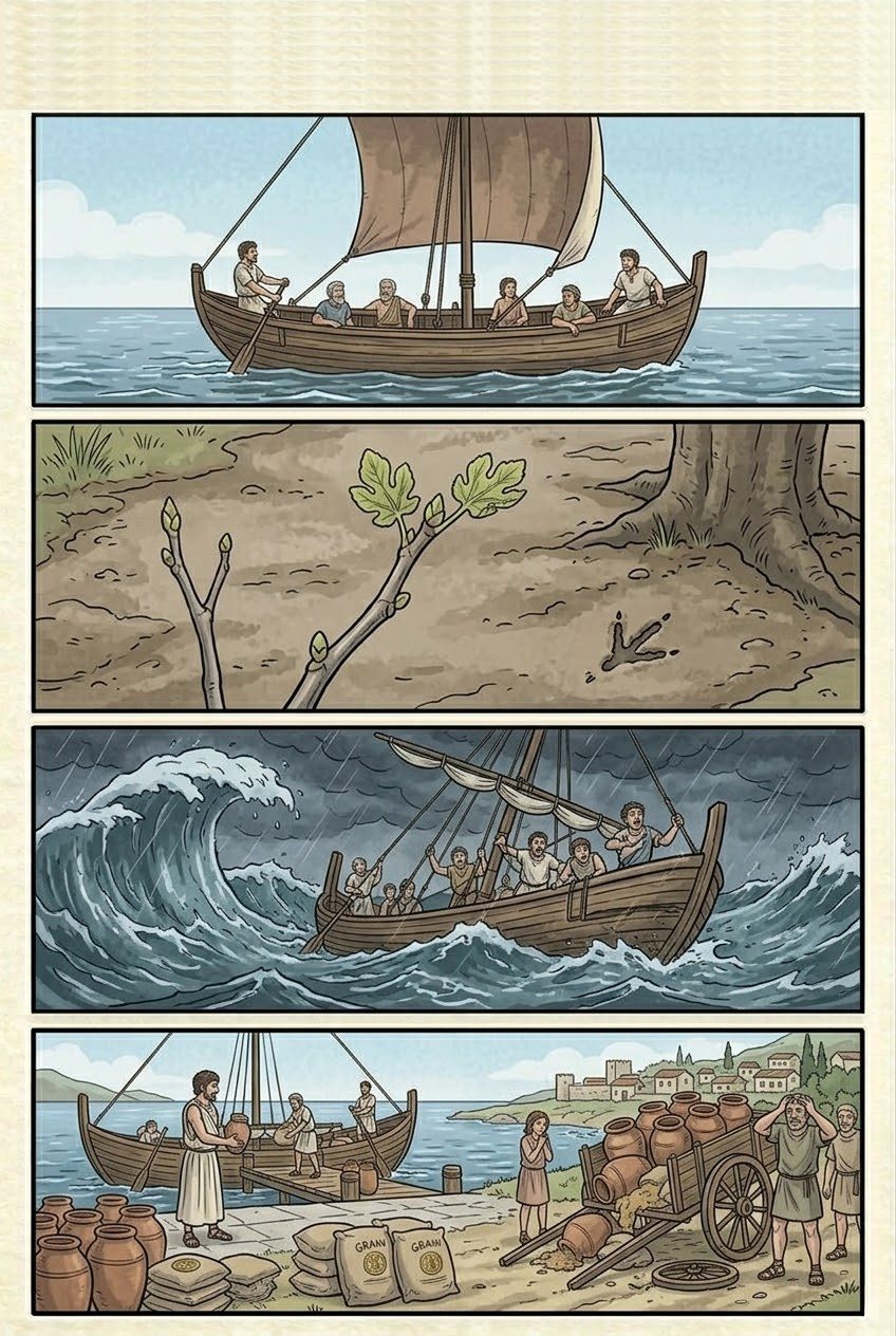 Works and Days, Part 6, manga page 3 of 6: The sea, the sayings and the days: when to sail, Hesiod's prize tripod, marriage, rumor, and the lucky and unlucky days.