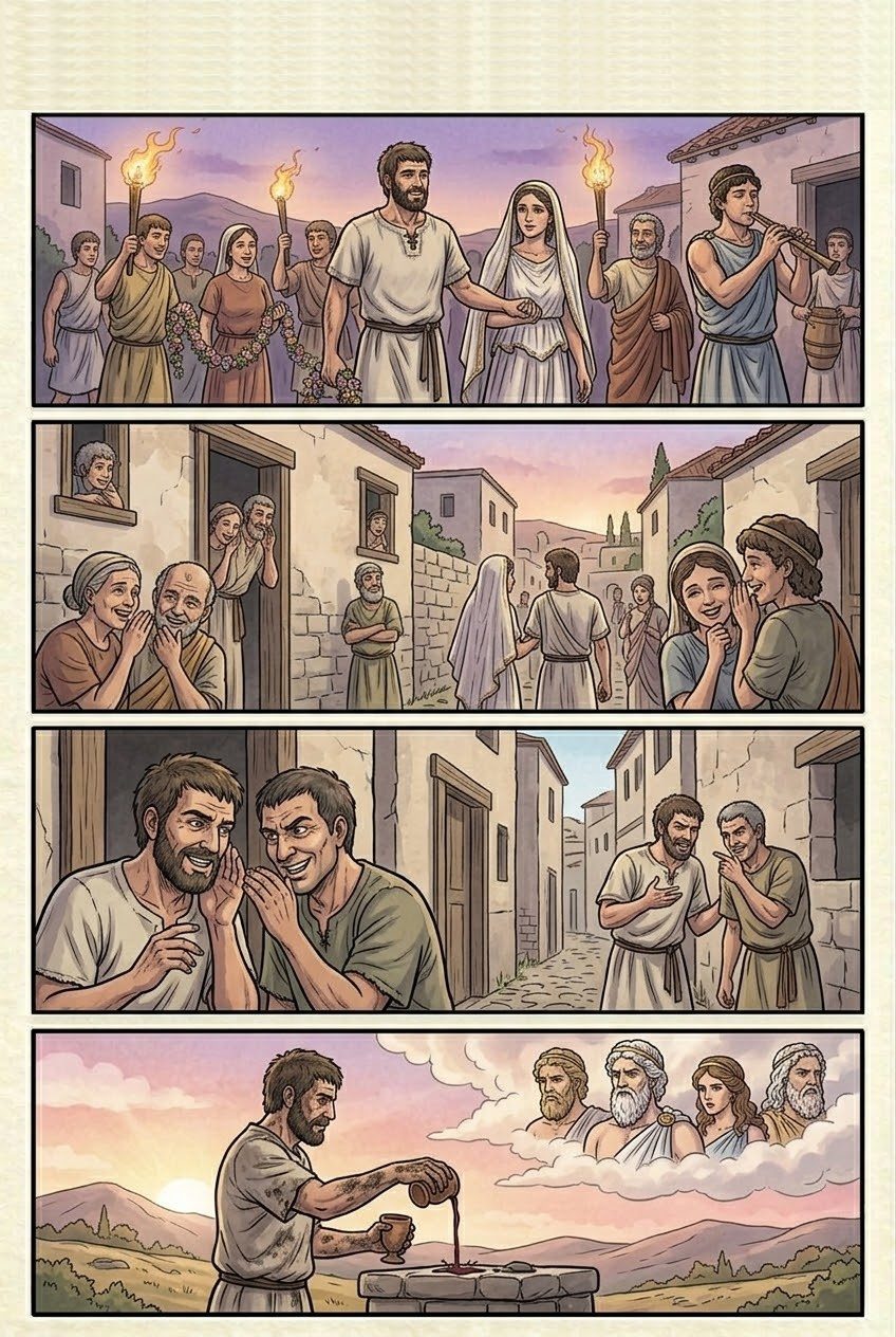 Works and Days, Part 6, manga page 4 of 6: The sea, the sayings and the days: when to sail, Hesiod's prize tripod, marriage, rumor, and the lucky and unlucky days.