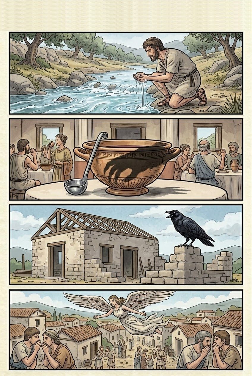 Works and Days, Part 6, manga page 5 of 6: The sea, the sayings and the days: when to sail, Hesiod's prize tripod, marriage, rumor, and the lucky and unlucky days.