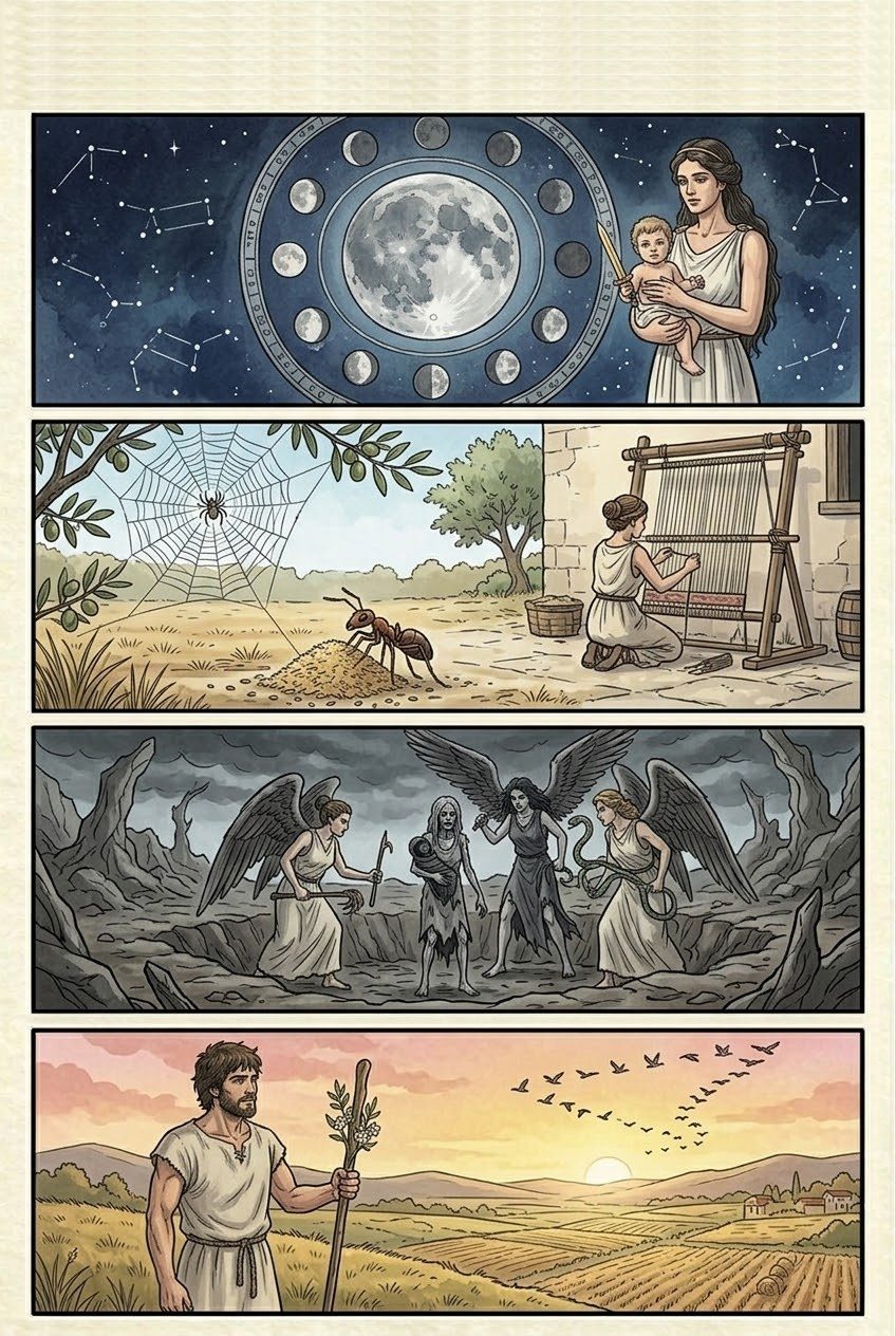 Works and Days, Part 6, manga page 6 of 6: The sea, the sayings and the days: when to sail, Hesiod's prize tripod, marriage, rumor, and the lucky and unlucky days.